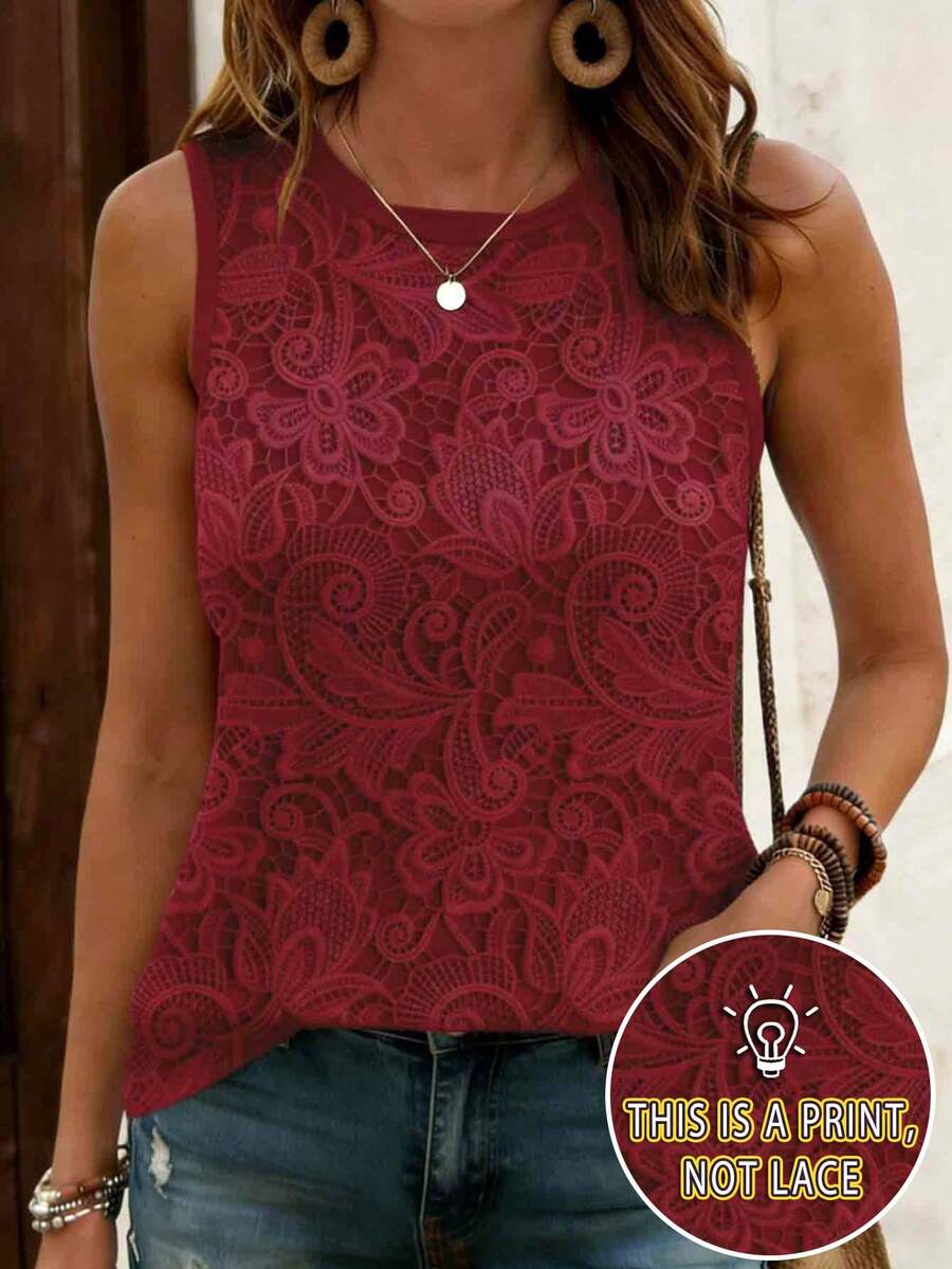 EMERY ROSE Women's Floral Print Round Neck Top, Comfortable Casual Round Neck Tank Top, Suitable For Daily Wear In Summer - Burgundy - View 1
