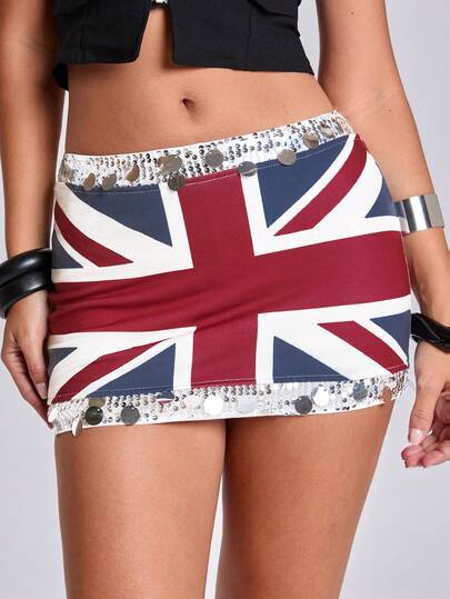 Minigonna aderente in stile street Y2K Millennium Hot Girl per primavera/estate, con stampa Union Jack, spazzolata e lavata