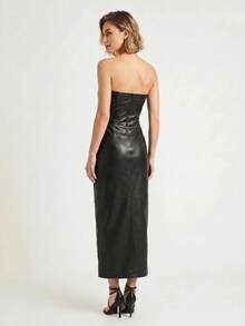 CAJUNI PU Strapless Dress With Tropical Laser-Cut Detailing - Black - View 2