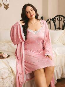 Côtesoire Baju Tidur/Mantel Ukuran Plus Gaya Romantis Prancis Segar Gaya Prancis Selatan Motif Bunga Rajut Renda Patchwork Pas Badan, Jubah Motif Renda Patchwork, Set Baju Tidur/Mantel Malam - Dusty Pink - View 4