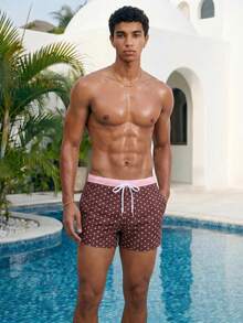 Manfinity Swimmode 男士棕色波點彈性抽繩休閒沙灘泳褲，可愛夏季度假情侶款泳裝，適合度假、泳池與熱帶風情 - 彩色 - 查看 3