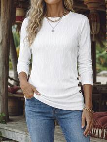EMERY ROSE Camiseta de manga larga de unicolor y textura casual para mujer, otoño - Blanco - Ver 2