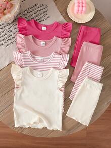SHEIN Playful Pals 8件組 0-3歲女嬰多巴胺色系夏季可愛親子套裝 條紋針織短袖上衣 & 短褲套裝 休閒日常外出套裝 - 彩色 - 查看 4