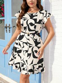Reflora Plus Size Women's Round Neck Ruffle Sleeve Back Pleated Dress - Black - View 8