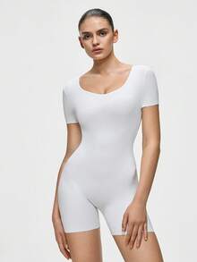 SHAPORA Women's Minimalist Solid Color Scoop Neck Short Sleeve Jumpsuit - White - View 5