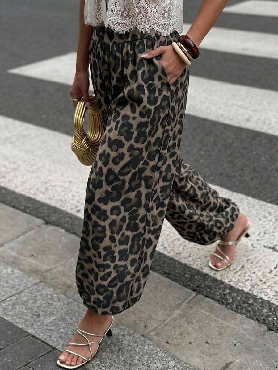 Lavishia Women's Spring/Summer Fashion Casual Balloon Pants Comfortable Versatile Coffee Color Long Pants,Leopard Print, Independence Day,Music Festival - Coffee Brown - View 1