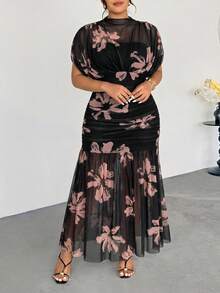 Firerie 大尺碼女款優雅精緻浪漫迷人時尚情人節約會度假婚禮賓客度假網紗透視二合一棕色長洋裝 - 彩色 - 查看 6