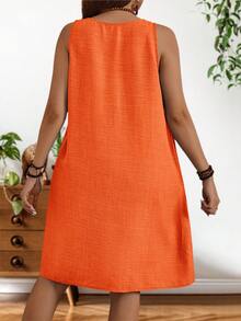 EMERY ROSE Plus Size Women's Summer Solid Color Double Pocket Design Sleeveless Casual Dress, Vacation,Orange - Orange - View 3