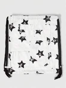 ROMWE Grunge Punk Mochila Punk Gótica con Patrón de Pentagrama y Segador, Gran Capacidad, Múltiples Bolsillos, Cordón, Versátil y Casual, Unisex, Adecuada para Desplazamientos y Socialización - Blanco y Negro - Ver 2
