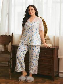 Côtesoire Elegant Romantic Floral Pattern Lace Hollow Out Plus Size Pajama Set - Multicolor - View 3