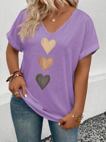 EMERY ROSE Women's Spring/Summer V-Neck Folded Cuff, Gradient Heart Print Pattern Casual Versatile T-Shirt - Lilac Purple - View 6