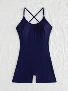 Swim Lushoire 女款純色夏季海灘連身泳衣，交叉綁帶露背，無袖修身運動泳衣 - 藏蓝色 - 查看 5