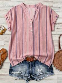 EMERY ROSE Casual Boho Minimalist Striped Pattern Plus Size Shirt Suitable For Summer Vacation Pink Vacation Bussines Vacation - Multicolor - View 1