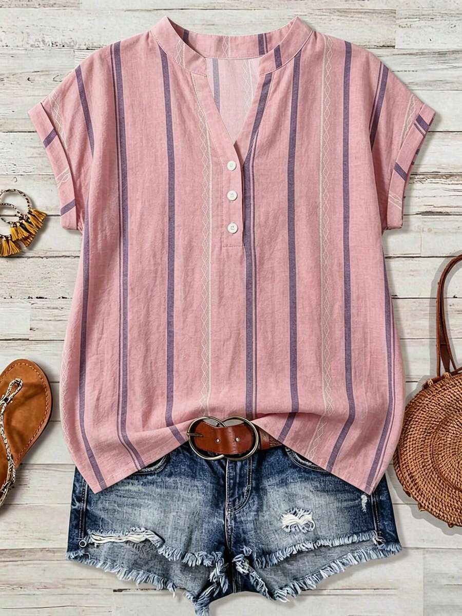 EMERY ROSE Casual Boho Minimalist Striped Pattern Plus Size Shirt Suitable For Summer Vacation Pink Vacation Bussines Vacation - Multicolor - View 1