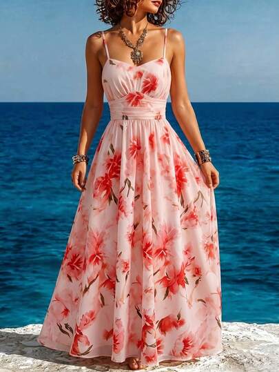 SHEIN Elegantes Blumenprint-Kleid mit Spaghettiträgern für den Urlaub