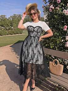 SHEIN MOD 2合1黑白對比無肩帶蕾絲短袖洋裝，浪漫大尺碼女裝 - 黑與白 - 查看 6