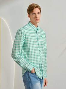 VeloEdit Men Casual Vacation Plaid Small Icon Front Single-Breasted Comfortable Long Sleeve Fashion Shirt & Patched & Embroidery, Old Money & Boyfriend - Mint Green - View 7