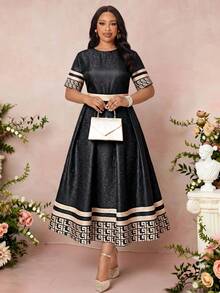 Fleurora Plus Size Summer Elegant Color Block Geometric Print Dress - Multicolor - View 5
