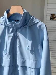 SHEIN EZwear 藍色大尺碼女款休閒長袖拉鍊連帽外套 秋季 - 藍色 - 查看 4