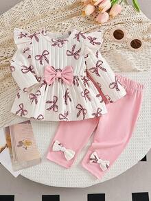 SHEIN Vintaside Kids 2件組新生女嬰杏色蝴蝶結豹紋圓領長袖荷葉袖保暖內裡羅紋軟面料T恤上衣 + 鬆緊腰休閒粉色長褲，休閒可愛韓風甜美套裝，適合秋冬日常穿著、旅行、度假、派對、室內外場合 - 粉色 - 查看 9