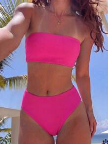 Swim Mod Women's Solid Color Minimalist Daily Wear Bandeau Top & Bottom Swimsuit Set - Hot Pink - View 2