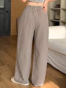 DAZY Celana Panjang Piyama Wanita Model Lurus dengan Garis-Garis dan Tali Pinggang Warna Kontras, Pakaian Santai Bawahan - Khaki - View 2