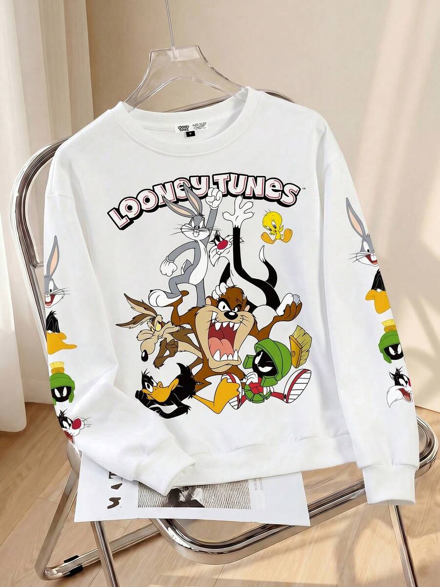 LOONEY TUNES X SHEIN 男士秋季休闲卡通字母图案圆领卫衣 - 白色 - 查看 1