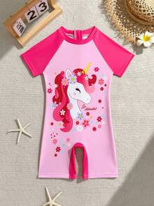 Young Girls One-Piece Swimsuit, Pink Short Sleeve One-Piece Swimsuit With Unicorn And Floral Digital Print - Pink - View 3