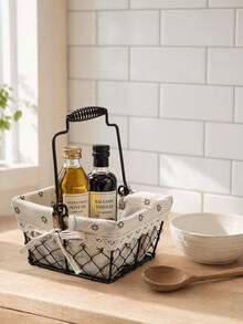 Haus Hana 1PC Rustic Farmhouse Wire Storage Basket With Handle Metal Iron Frame With Floral Linen Liner Lace Bow Decor Removable Lining Multi-Purpose Organizer Bin For Sundries Snacks Cosmetics Ideal For Home Kitchen Bathroom Picnic Perfect Gift - Multicolor - View 10