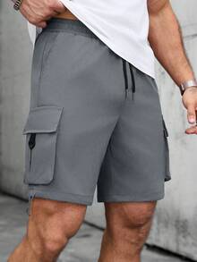 Manfinity Homme Celana Pendek Kargo Denim Pria Ukuran Besar dengan Motif Huruf, Cocok untuk Perjalanan Harian, Bepergian, Pakaian Kasual, dan Acara Akhir Pekan. - Dark Grey - View 5