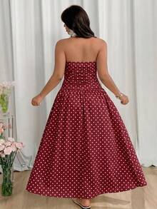 GalTyme Plus Size Women's Summer Beach Vacation Polka Dot Print Ruched Waist Bandeau Dress - Burgundy - View 2