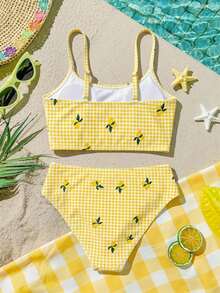 SHEIN Bộ bikini in hoa cho bé gái tuổi teen, 2 món đồ bơi, phong cách ngọt ngào và thời trang phù hợp cho mọi dịp, bộ bikini cho bé gái tuổi teen mùa xuân/hè - Màu vàng - Xem 2