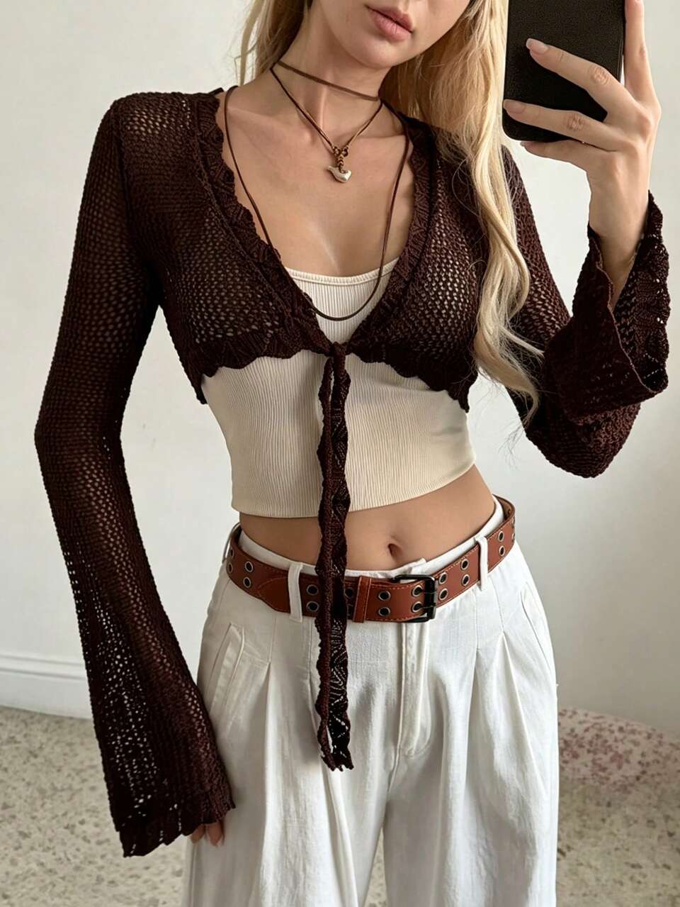 Solid Color Short Long Sleeve Tie-Front Casual Vacation Summer Women's Thin Cardigan