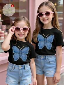 Girls' Casual Butterfly & Denim Print Graphic Tee, Cute & Comfortable For Spring, Summer, Fall - Black - View 6
