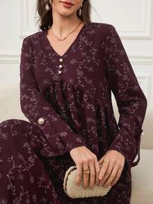 Al Najma Women's Floral Pattern V-Neck Button Decor Long Sleeve Arabian Dress - Multicolor - View 8