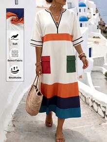 Linhara CURVE Women's Plus Size Multi-Color Contrast Patchwork Print Faux Linen V-Neck Short Sleeve Pocketed Loose Casual Business Versatile Beach Vacation Dress - Multicolor - View 1