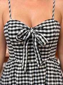 SHEIN LUNE CURVE Plus Size Women's Front Knot Plaid Elegant Cami Dress - Black - View 3