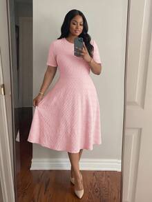 SHEIN Lady Plus Size Women's Textured Fashion Elegant Round Neck Short Sleeve Dress Evening Pink Summer - Pink - View 3
