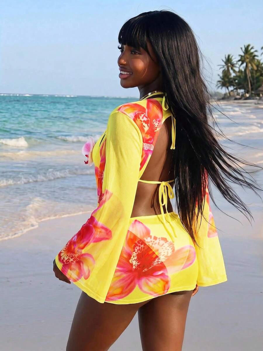 Amplova Women's Floral Print Mesh Avant-Garde Mini Set, Backless Sheer Details, Pastal, Autumn, Casual Sexy, Beach Golf, Holiday Vacation - Yellow - View 1