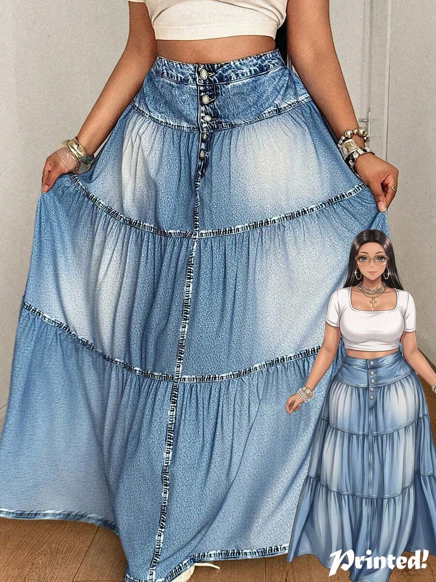 Maweii Rok Panjang Kasual Efek Denim Kancing Depan untuk Wanita Ukuran Plus (Musim Gugur) - Biru - View 1