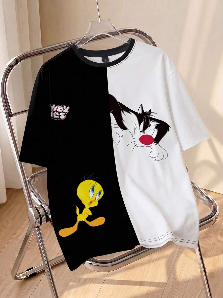 LOONEY TUNES X SHEIN Men's Colorblock Cartoon Print Round Neck Short Sleeve T-Shirt, All-Over Print - White - View 1