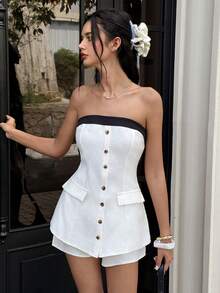Cévolie Damen Sommer Neu Elegante Mode Bandeau Top & Shorts 2 Stücke Set - Aprikosenfarben - Übersicht 7