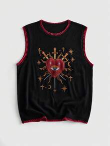 ROMWE MEN Street Life Men's Heart Pattern Crew Neck Casual Knit Vest - Multicolor - View 1