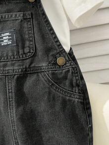 SHEIN 男嬰字母印花休閒百搭牛仔吊帶褲 - 黑色 - 查看 3