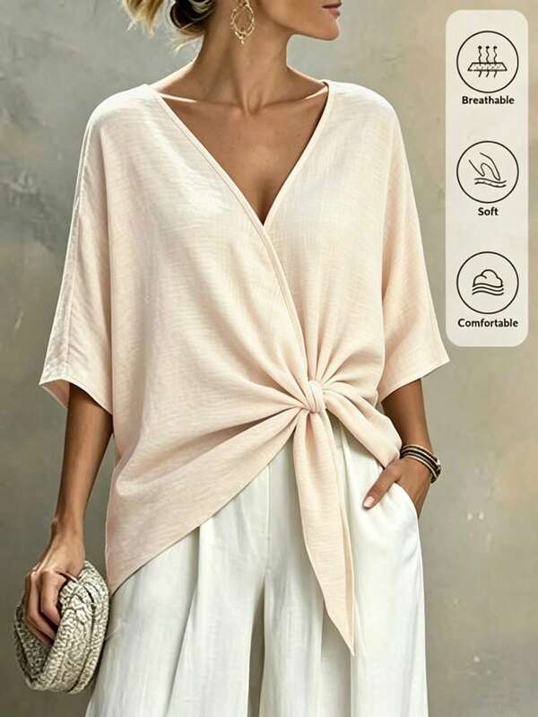 SHEIN Holidaya 女士纹理多功能前系带短袖衬衫