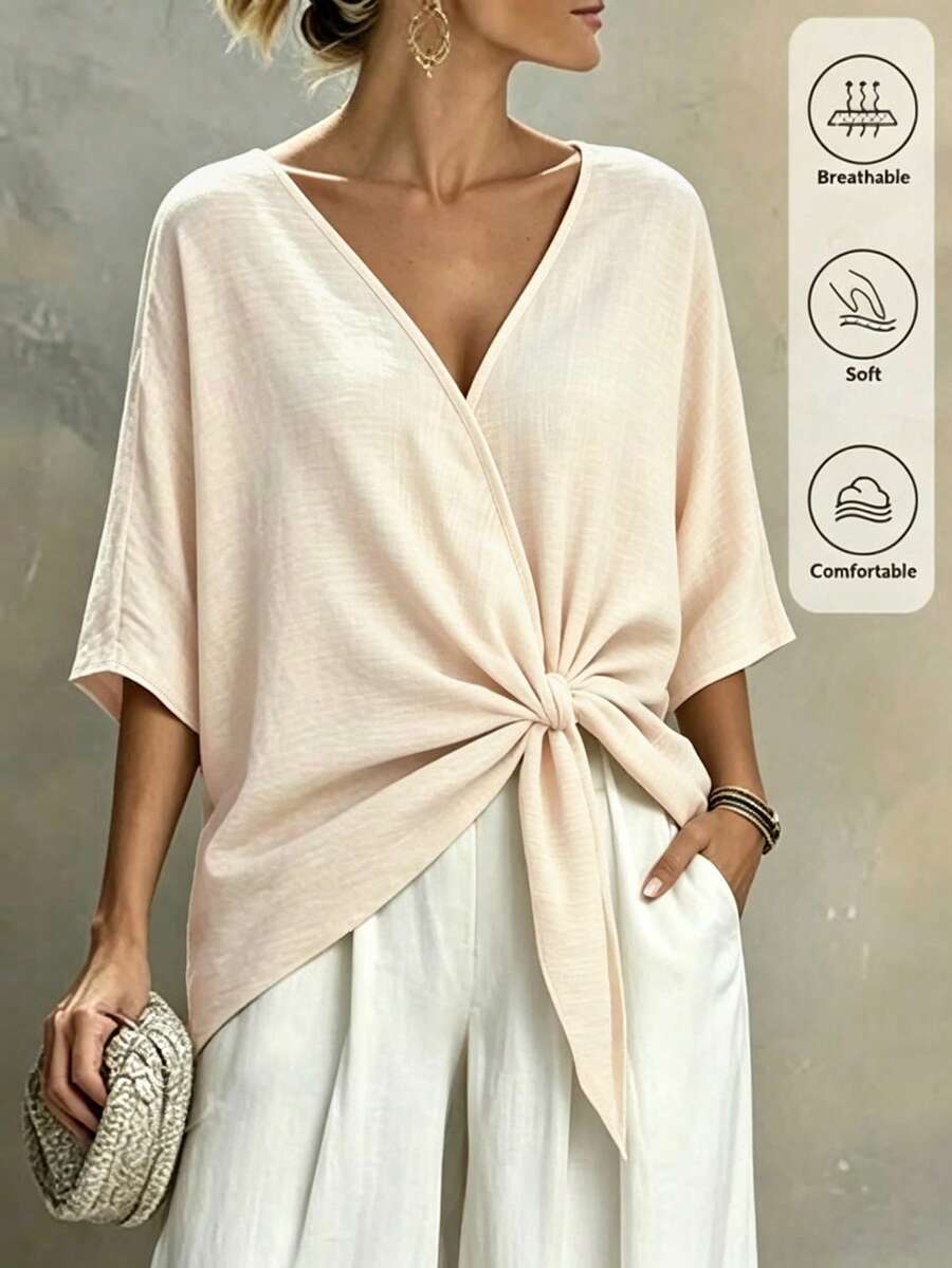 SHEIN Holidaya Women's Textured Versatile Front Tie Short Sleeve Shirt