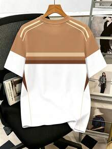 Manfinity Joysei Men's Minimalist Versatile Striped Color Block Short Sleeve Crew Neck T-Shirt - Khaki - View 3