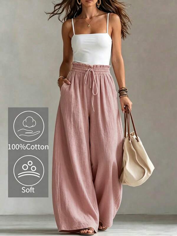 SHEIN Holidaya Women's Ruched Drawstring Tie Waist Wide Leg Long Pants