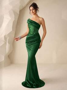 Coutiva 女士优雅亮片拼接荷叶边腰部正式晚礼服 - 墨綠色 - 查看 4