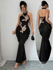 Modelyn Brown Mesh Jacquard Embroidered Backless Halter Neck Slim Fit Ruched Gathered Design Fashionable Elegant Long Dress - Black and Gold - View 8